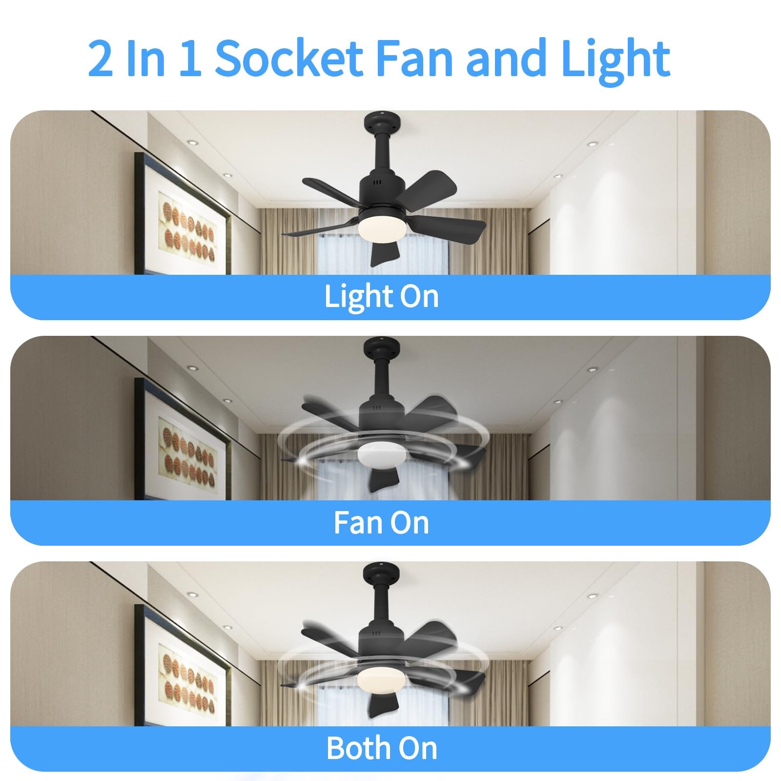 Socket Fan Light with Remote App 3 Colors LED 17.7'' Socket Breeze