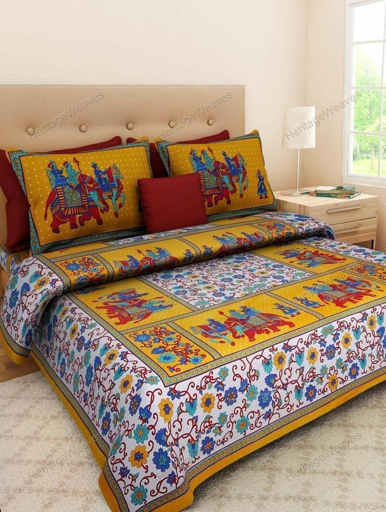 Modern Desginer Printed Cotton Double Bed Sheet With 2 Pillow Cover
