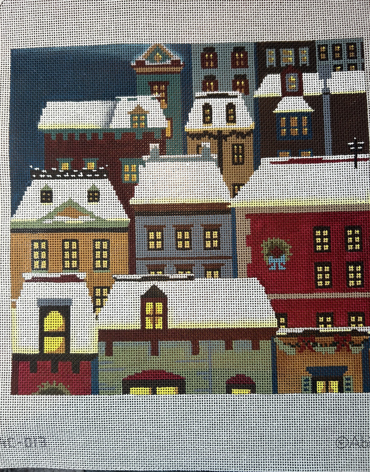 PLD Designs Winter Houses hand painted needlepoint 13 mesh 10" x 10"