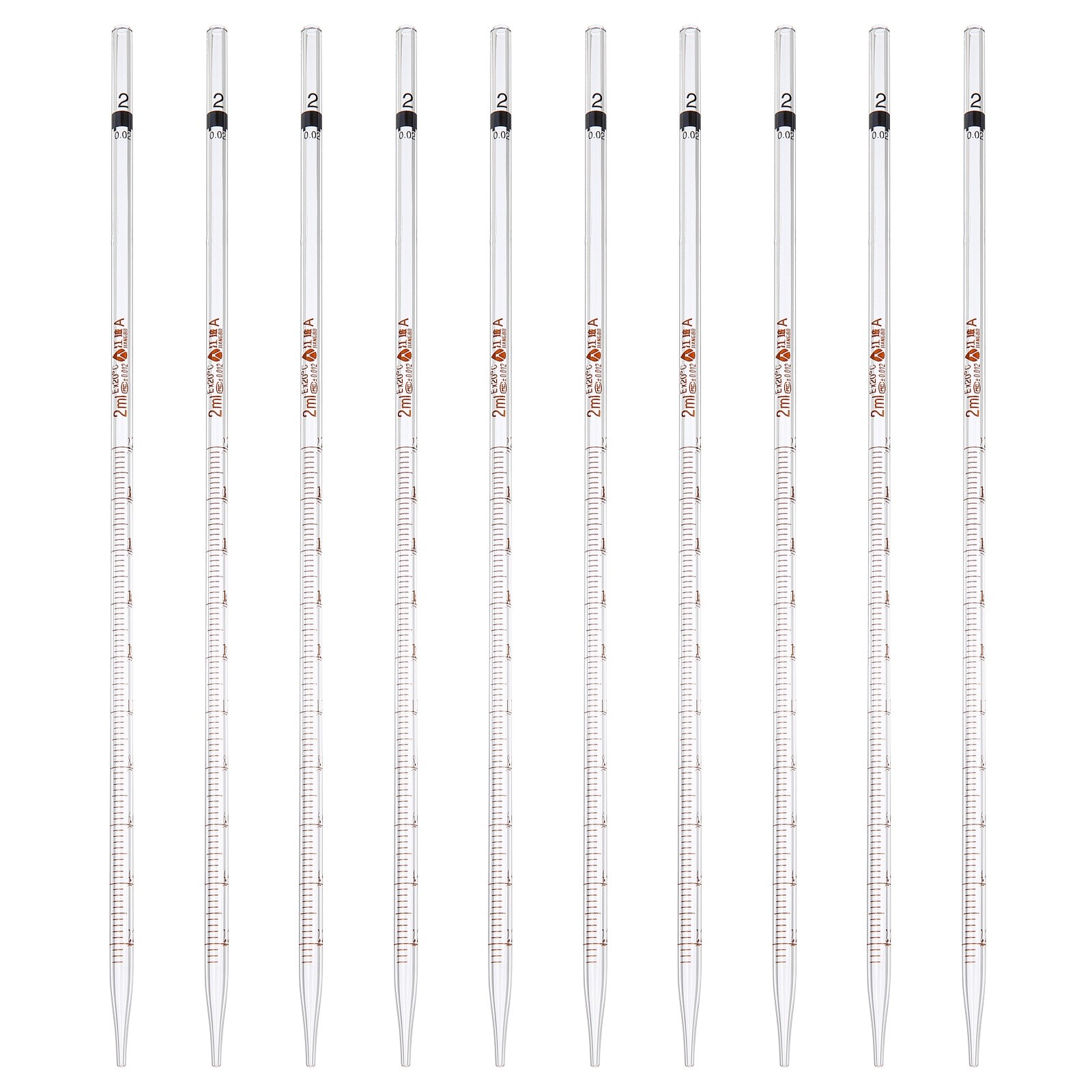10Pcs 2ml Glass Graduated Pipettes +/- 0.012 Tolerance with Color-Coded, Clear
