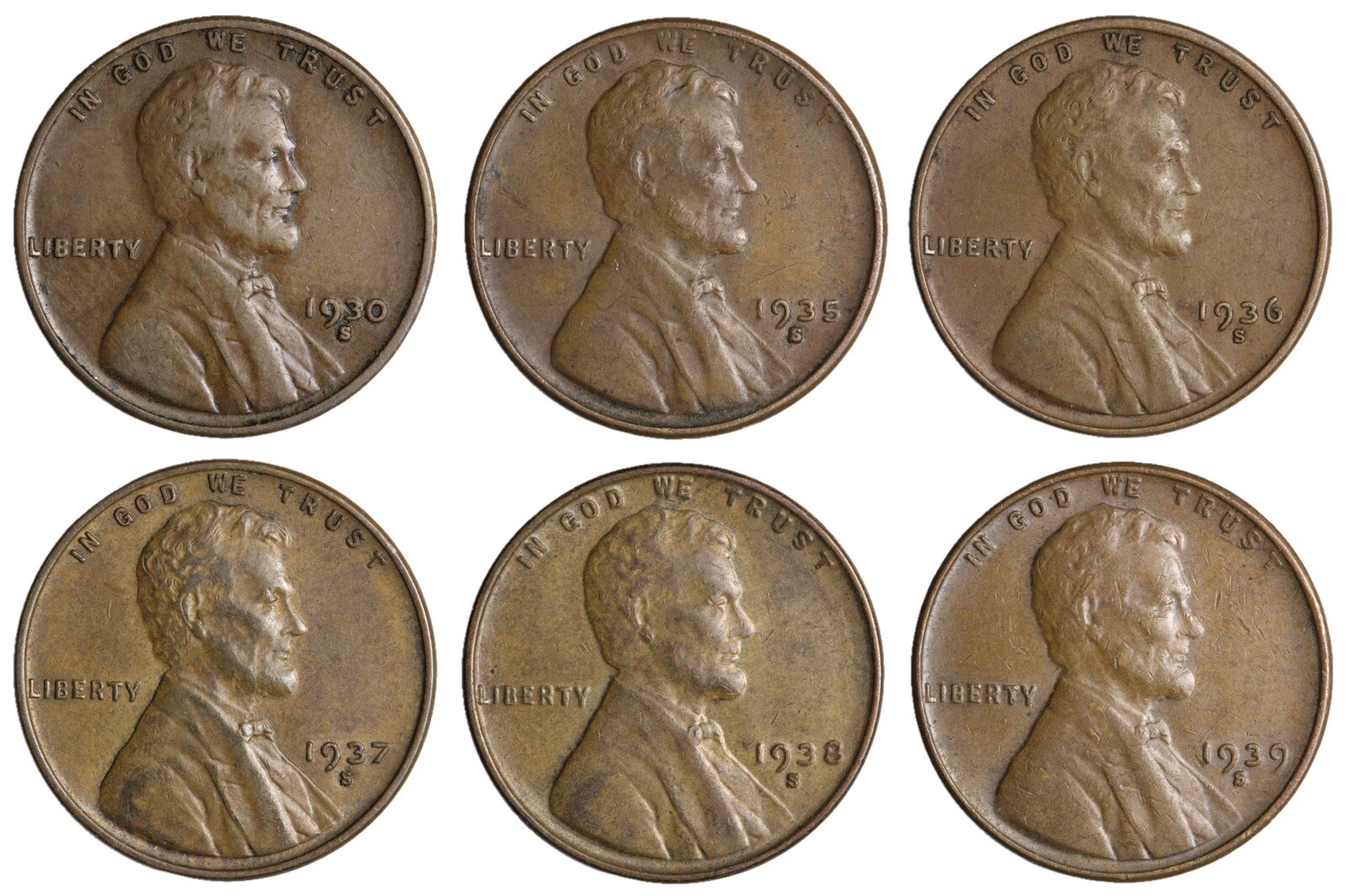SET RUN 1930-1939 "S" LINCOLN WHEAT CENTS SAN FRAN ONLY! 6 COIN LOT F/VF**