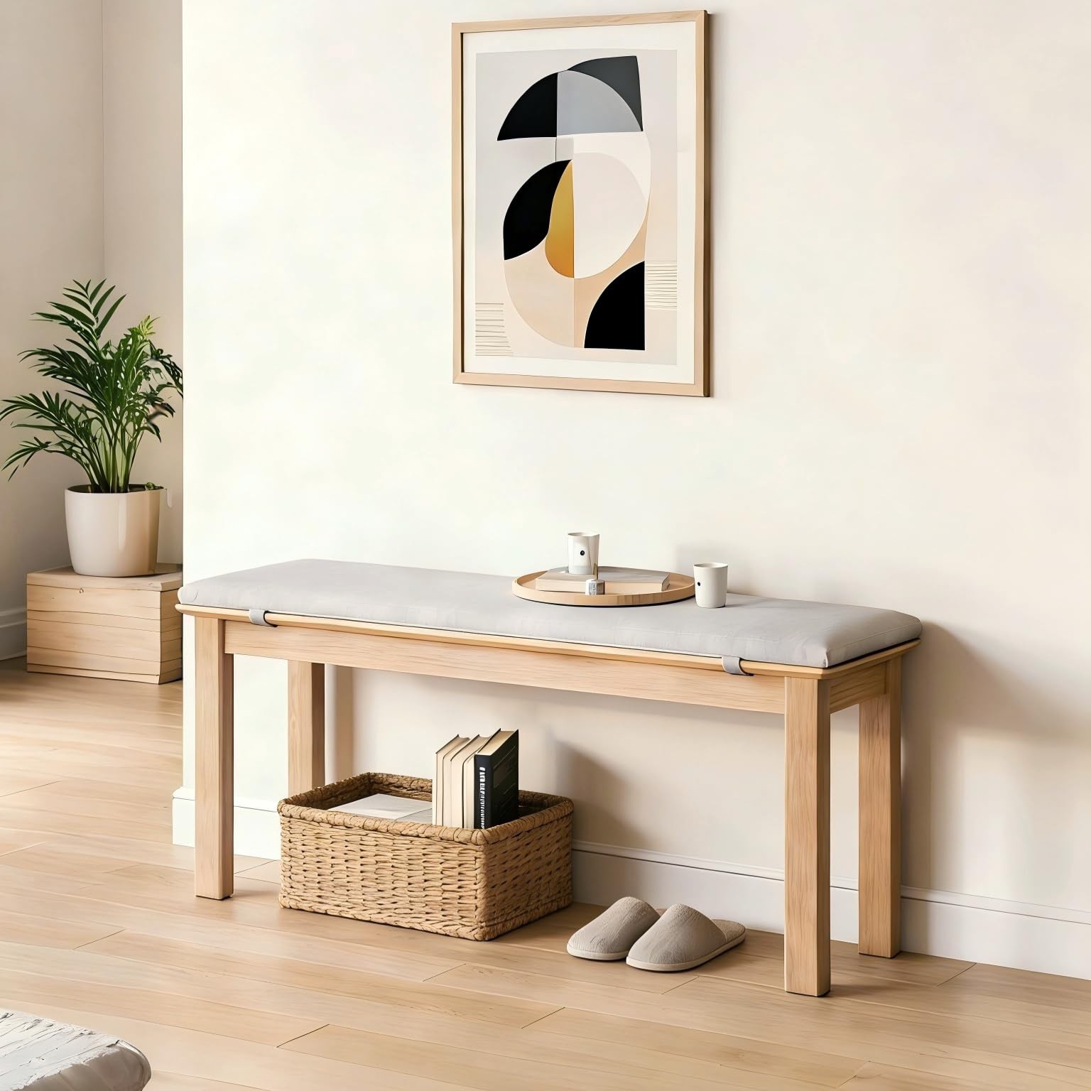 Natural Solid Wood 47.2 Inch Upholstered Bench Mid Century Modern