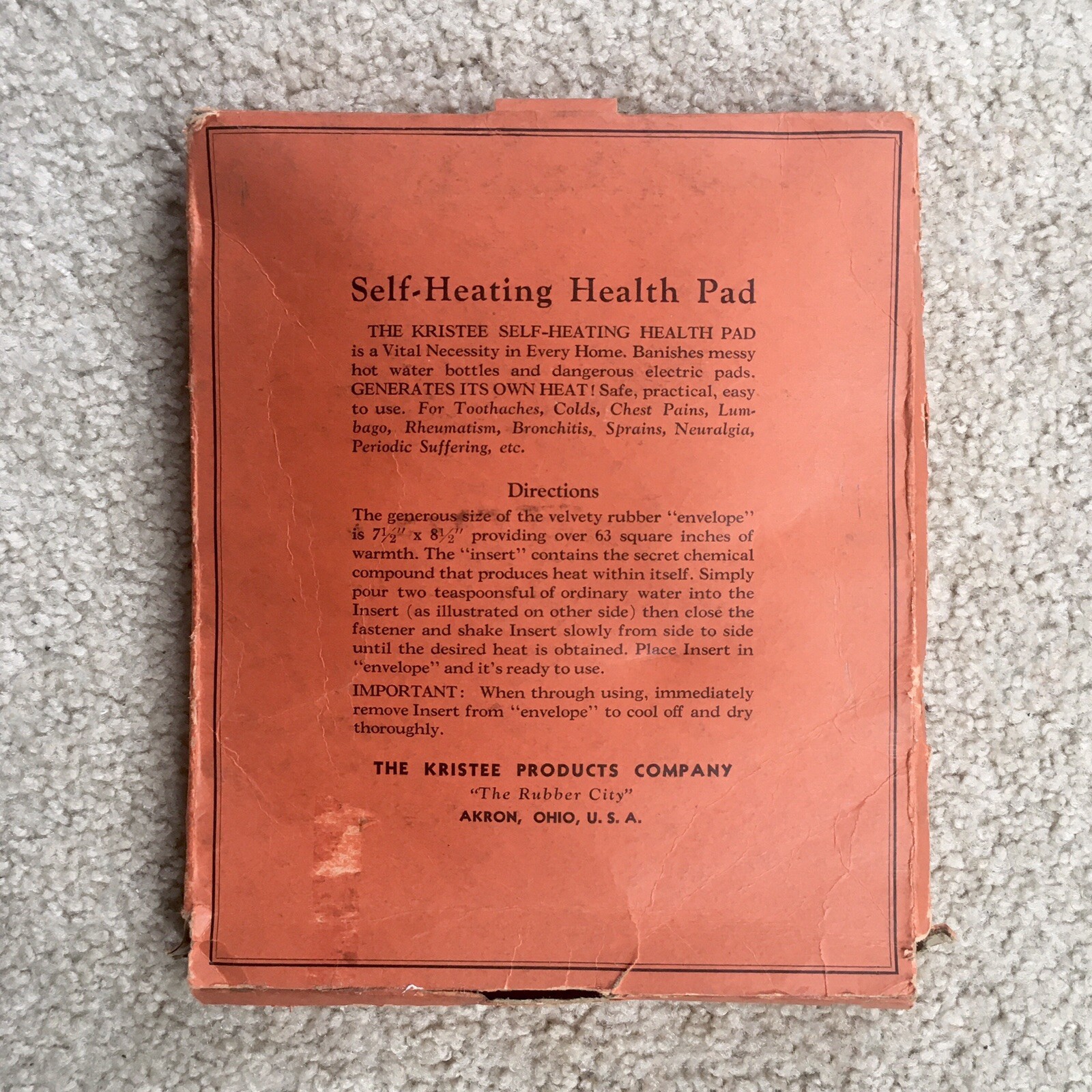 Vintage Kristee Self-Heating Health Pad No. 570 - Kristee Products Co. Akron OH