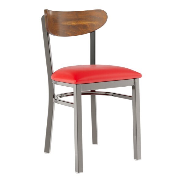 Boomerang Back Clear Coat Metal Dining Chair, Red Vinyl Seat & Vintage Wood Back
