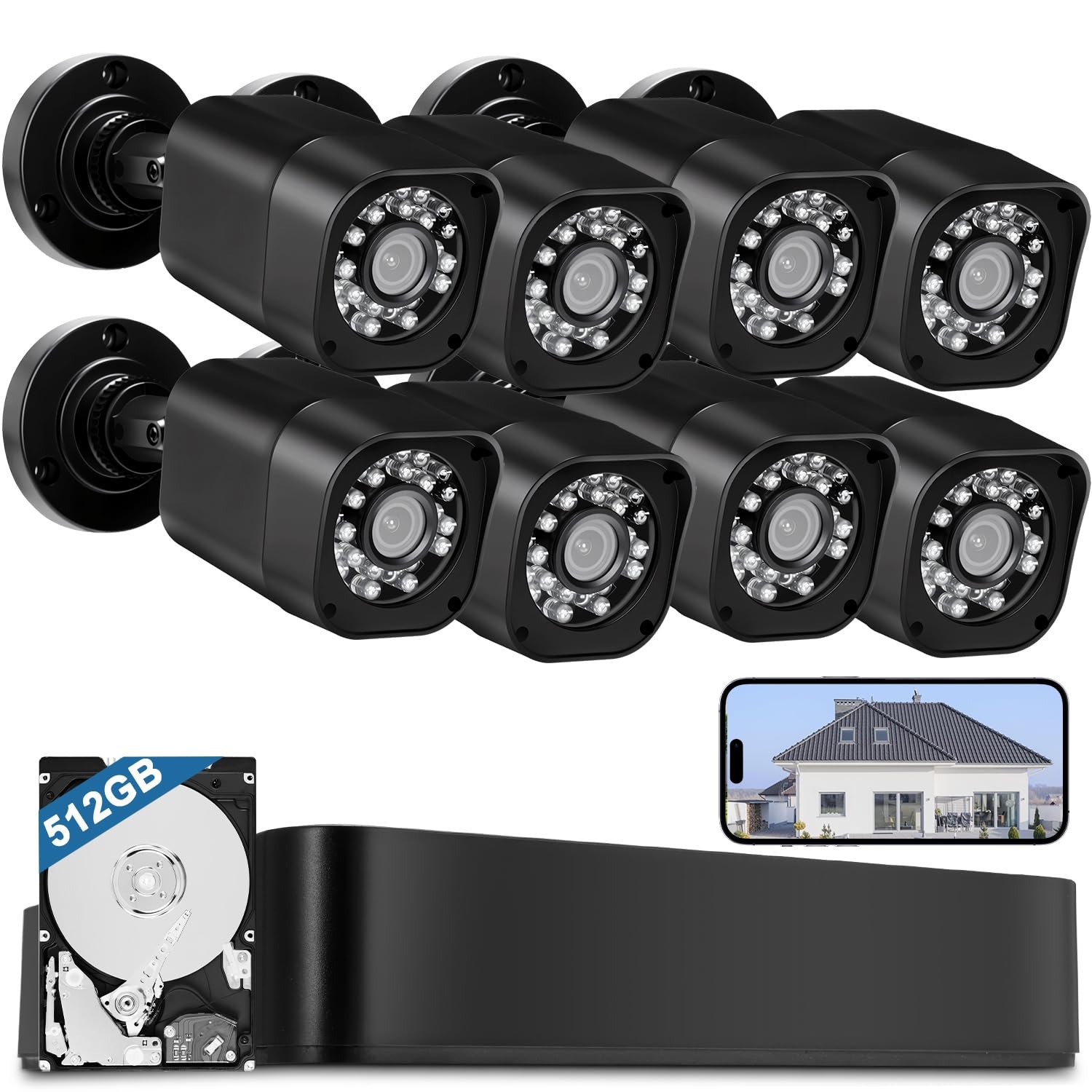 8CH 1080P Wired Security Camera System, AIWIXEN 8 x Surveillance 512GB, Black