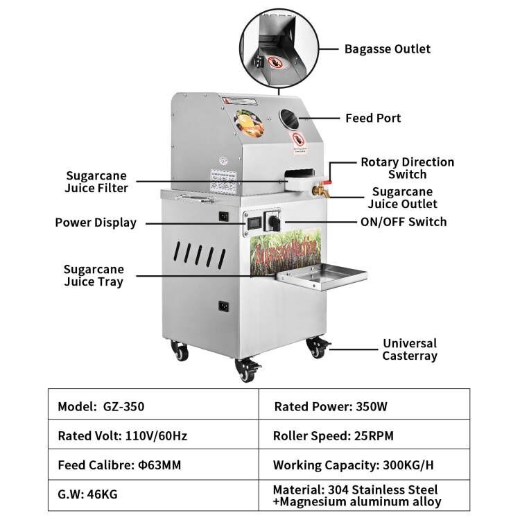 Electric Sugarcane Juicer Stainless Steel Extractor & Squeezer 3 Rollers 350W