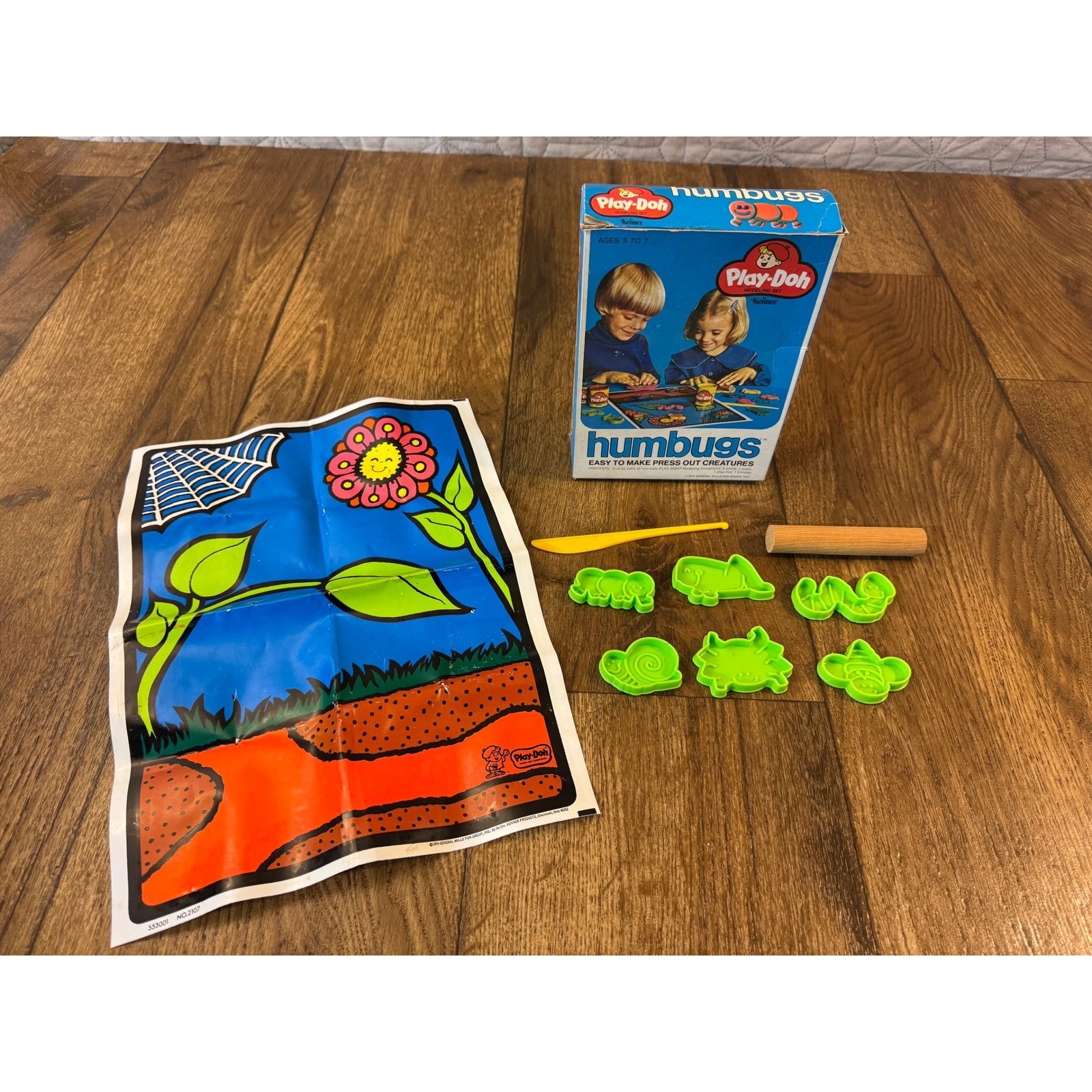 Play-Doh Humbugs Set Kids 1974 Vintage Bug Molds Mat Roller Toys Creative Play