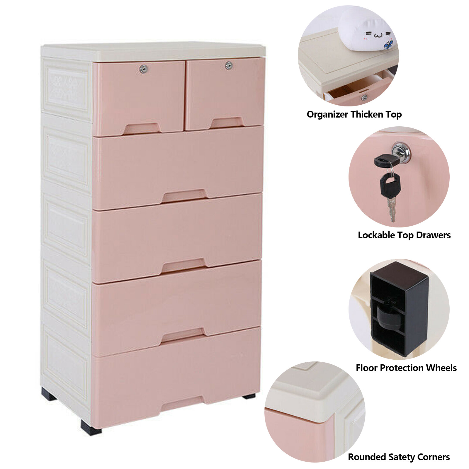 Pink 6-Drawer Organizer 5-layer Storage Bin with 6 Drawers & 4* Keys for Bedroom