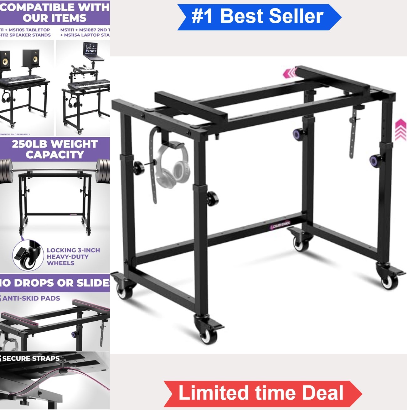 Keyboard Stand 88 Key Adjustable Height 26-36.5 Inch Rolling Wheels Heavy Duty