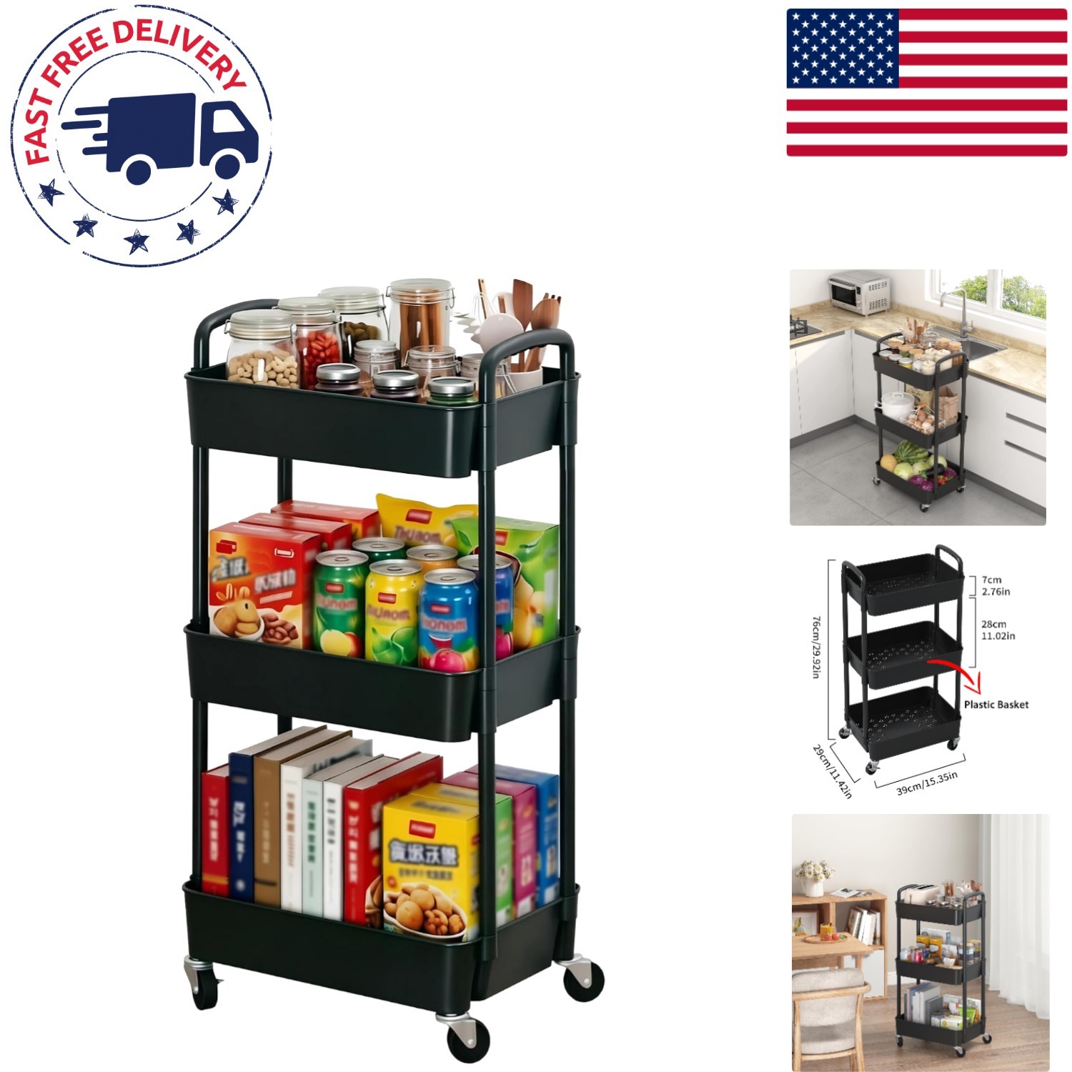 Sleek Mobile Organizer: 3-Tier Utility Cart with Easy Assembly & Locking Wheels