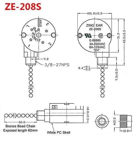 Zing Ear ZE-208s E89885 3-Speed 4-Wire Pull Chain Fan Light Switch Bronze Chain