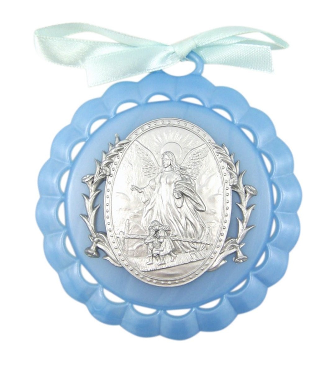 Moulded Acrylic Blue Crib Medal with Guardian Angel for Baby Boy Nursery Deco...