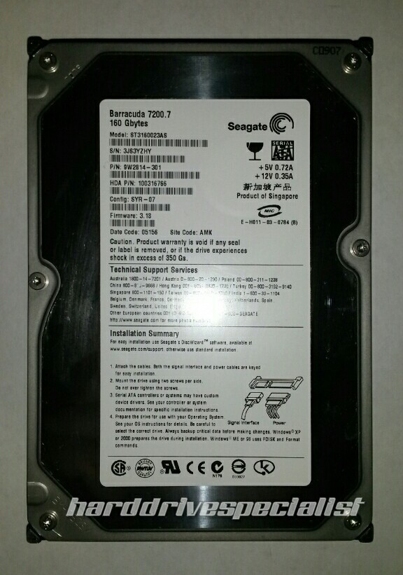 Seagate ST3160023AS 160GB SATA P/N:9W2814-301 Config:SYR-07 F/W:3.18 Site:AMK