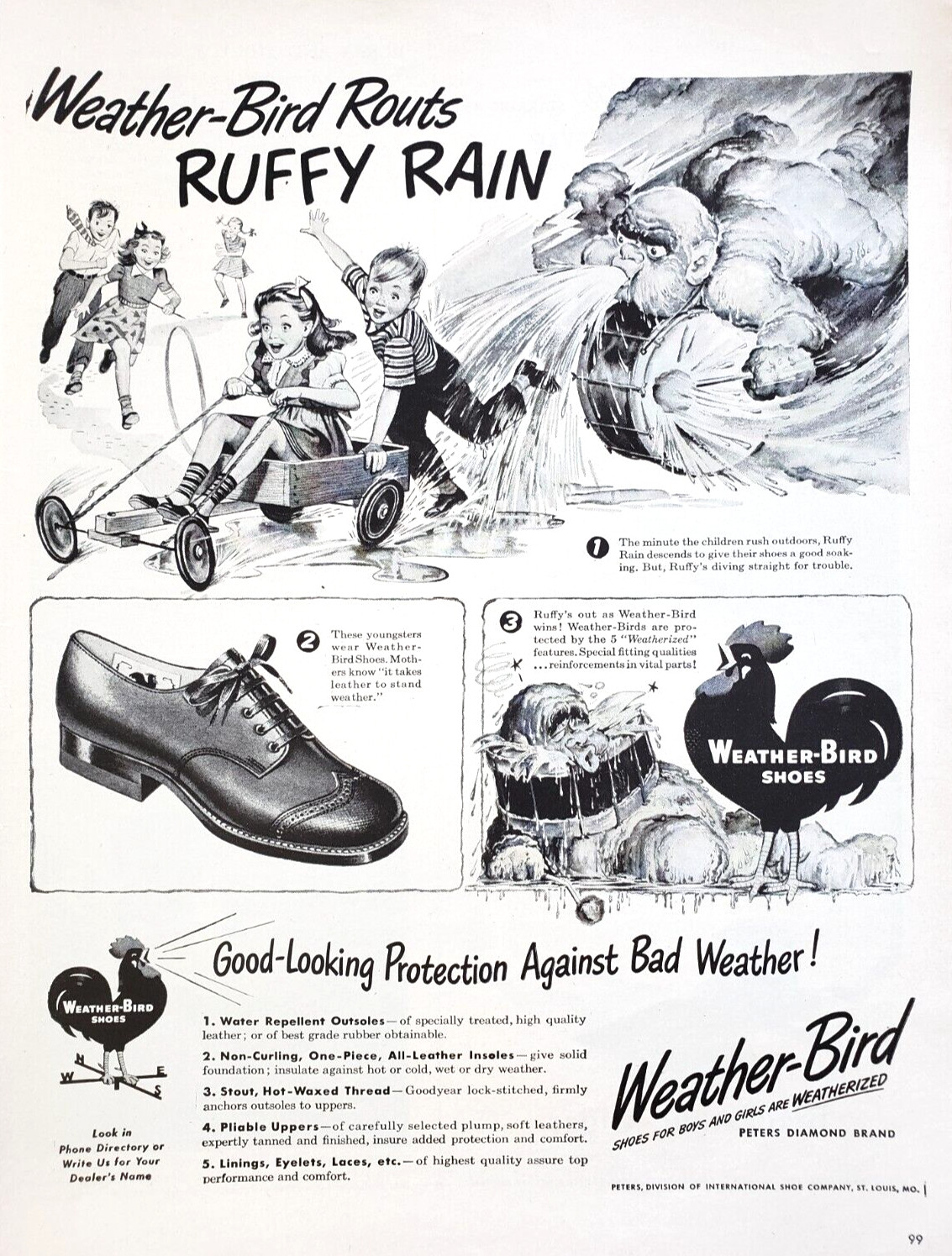 PRINT AD Weather Bird Childrens Shoes 1945 10.5x13 Ruffy Rain Rooster Logo