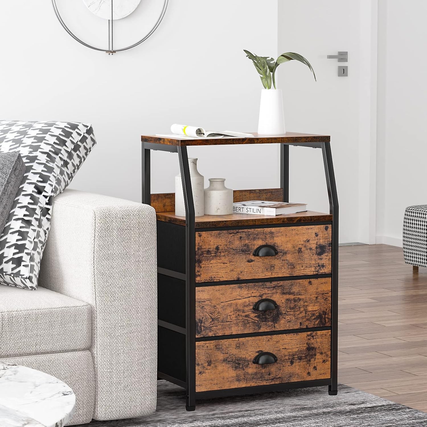 Nightstand with 3 Drawers and 2-Tier Shelf, Fabric Small Dresser Organizer Verti