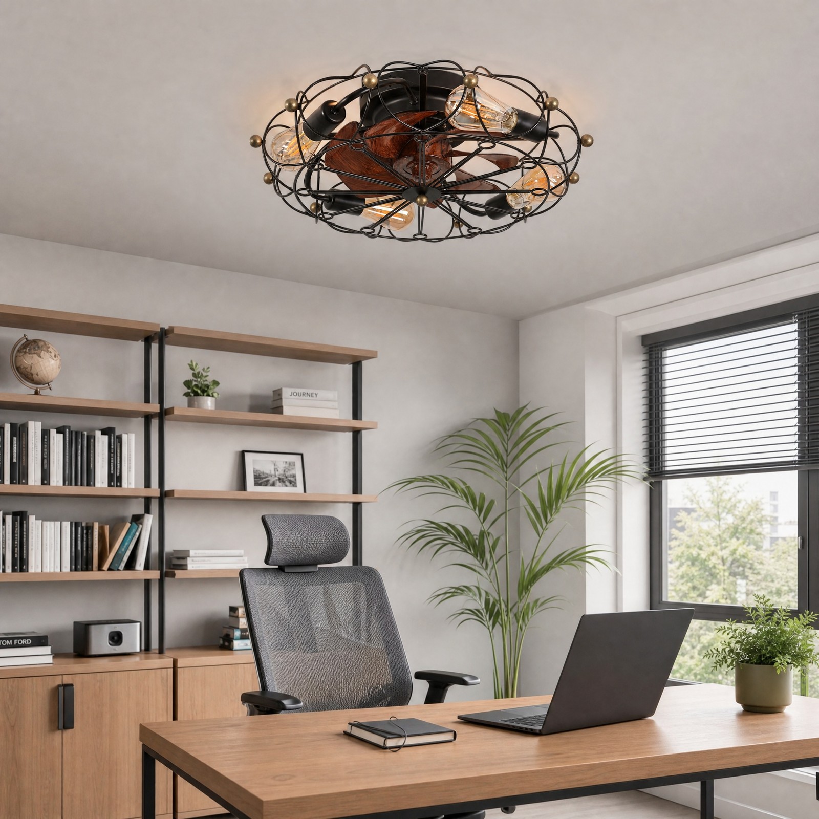 20 inch Black Modern Caged LED Ceiling Fan with Light Flush Mount Remote Control