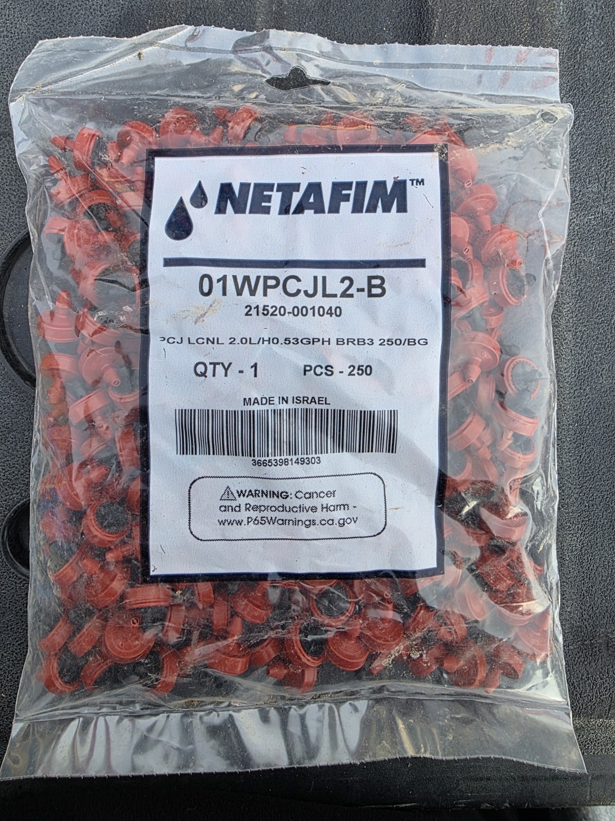 Netafim Drip Emitter 01WPCJL2-B 21520-001040 0.53 GPH Red Plastic 250 Pack