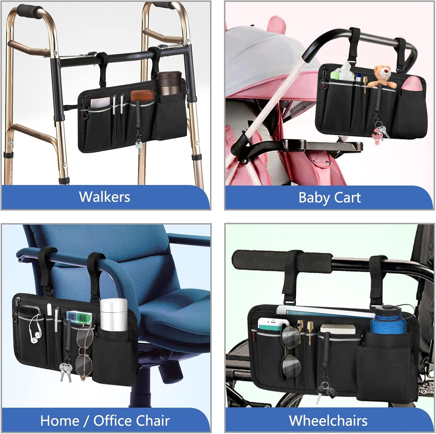 FINPAC Wheelchair Side Organizer Bag with Cup Holder, Black