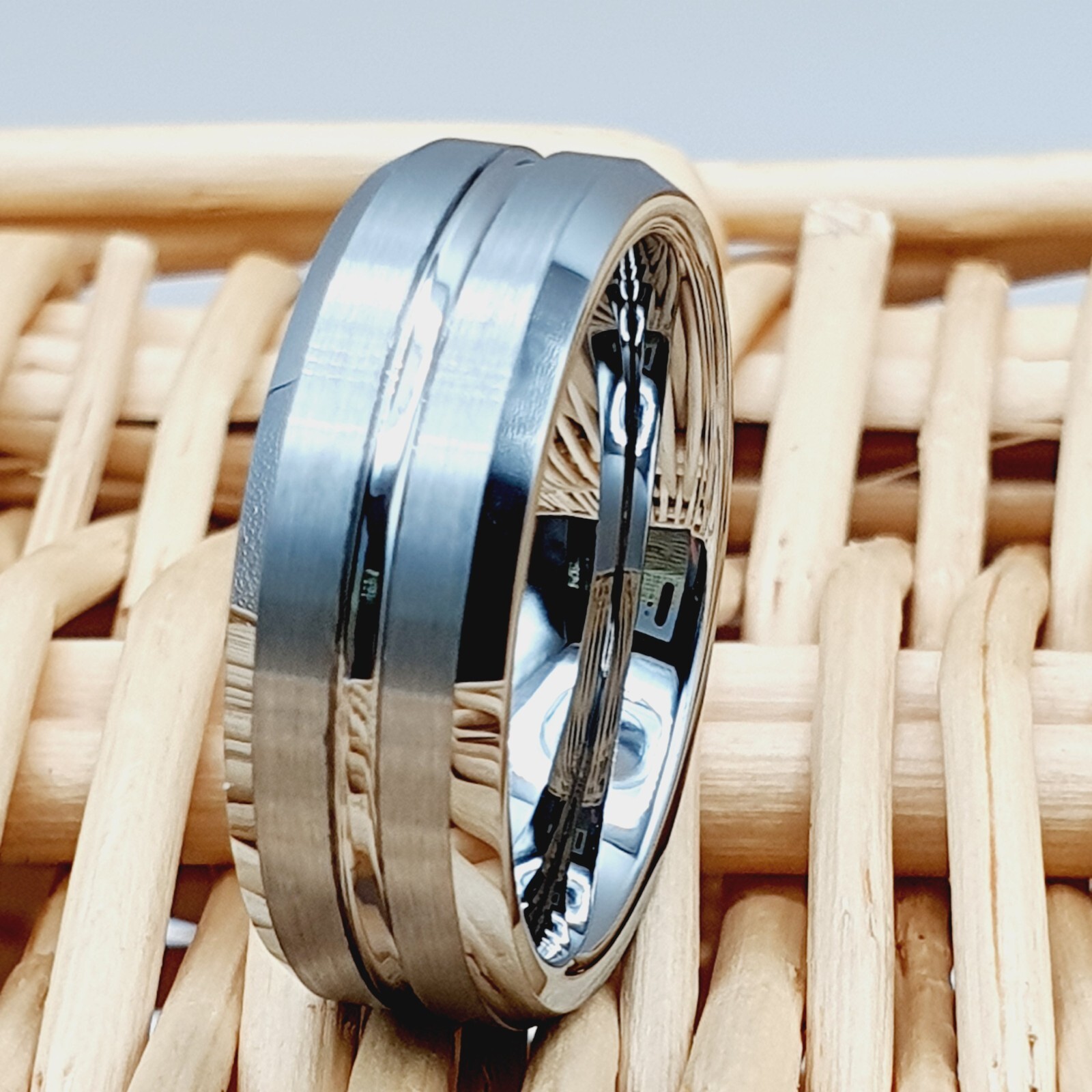 Matte Grooved Silver Tungsten Wedding Band 7mm Domed Anniversary Ring for Her