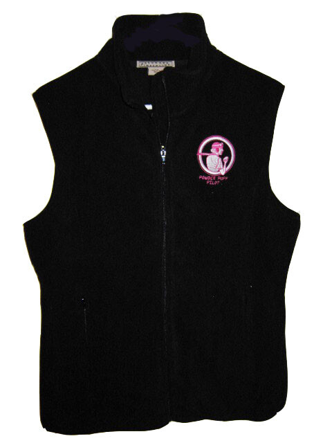 Women’s M, Black Zippered Microfleece Vest from Powder Puff Pilot, soft, durable