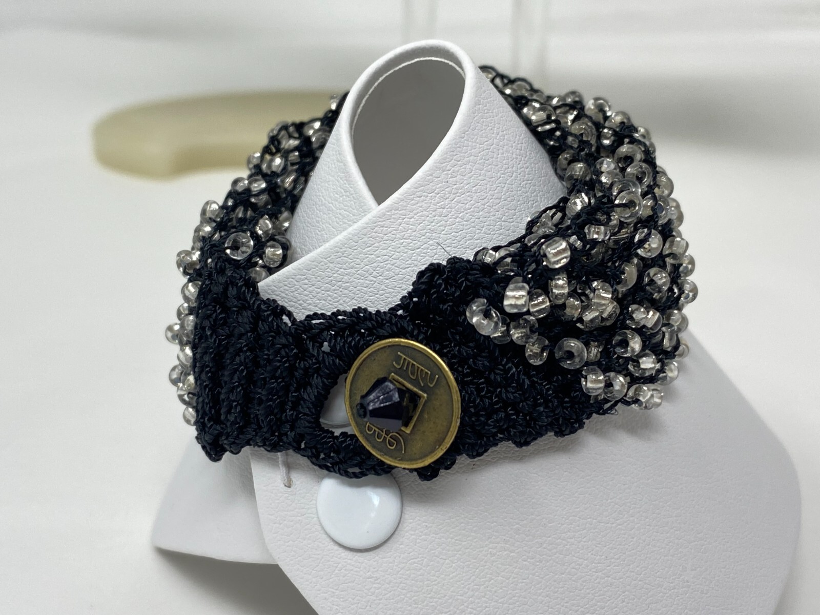 Soft Comfortable Black 22-Strand Clear Glass Bead 7" Bracelet with Coin Clasp