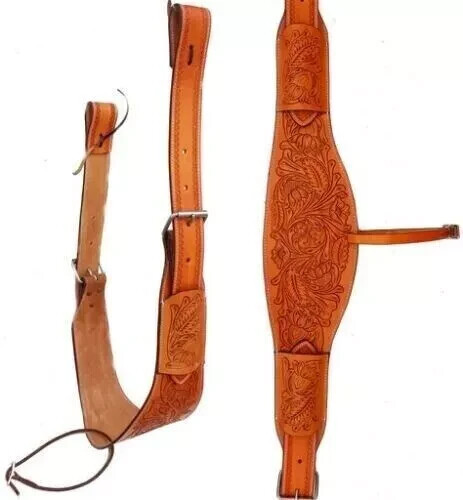 Western Elegance: Horse Floral-Tooled Leather Rear Flank Saddle Cinch.