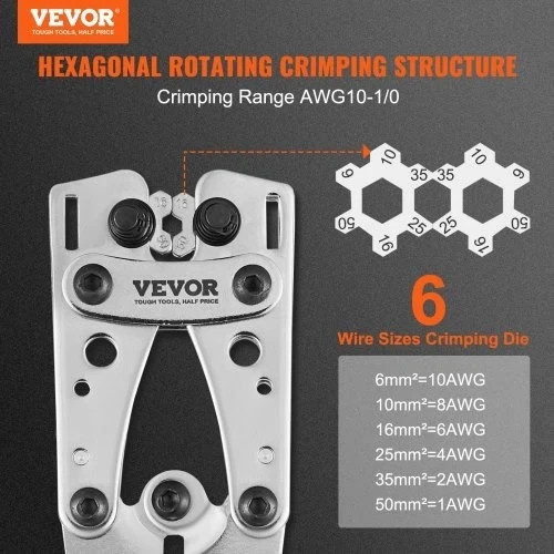 Crimping Tool, 10-1/0AWG with Cable Cutter and Copper Rings