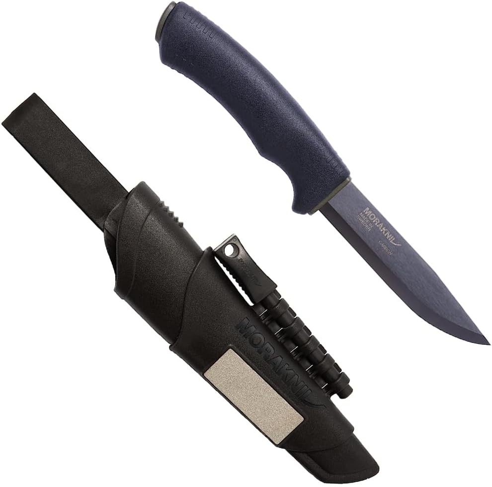 Morakniv Bushcraft Carbon Steel Survival Knife with Fire Starter & Sheath, Black