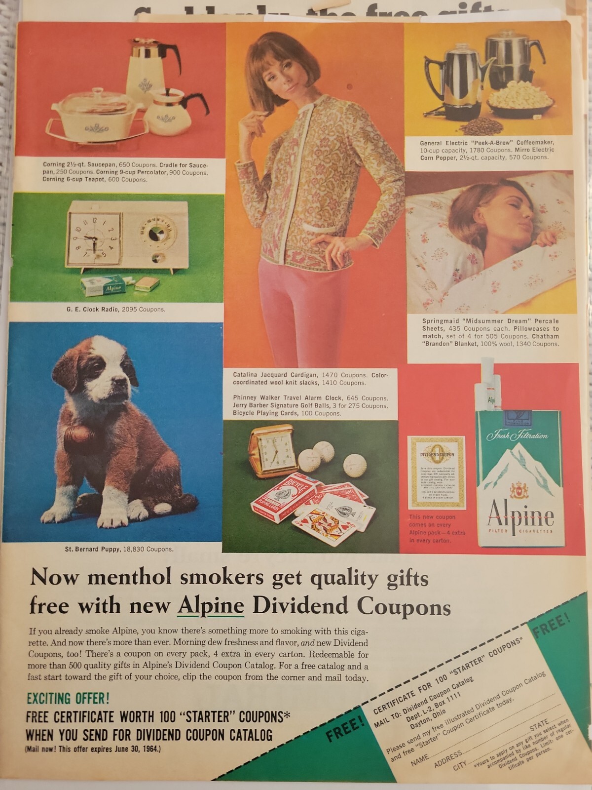 1964 Alpine cigarettes Gift dividend savings St. Bernard puppy vintage ad