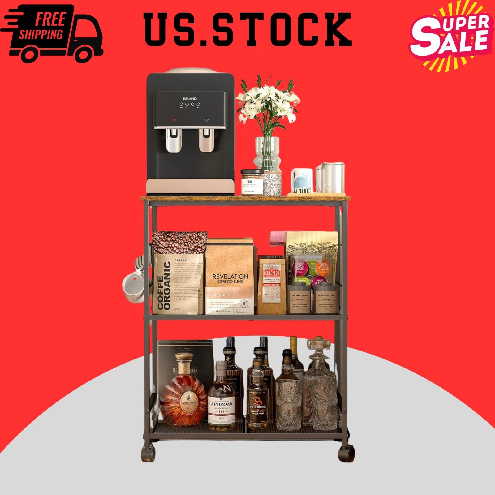 Rolling Microwave Cart 3 Tier Kitchen Utility Cart with Storage Lockable Wheels