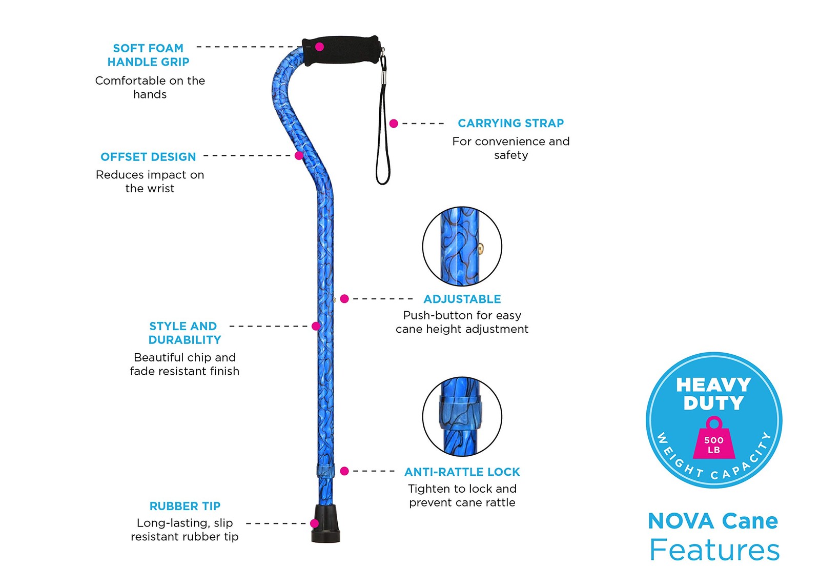 NOVA Heavy Duty Adjustable Walking Cane Purple 500 lb Capacity Lightweight