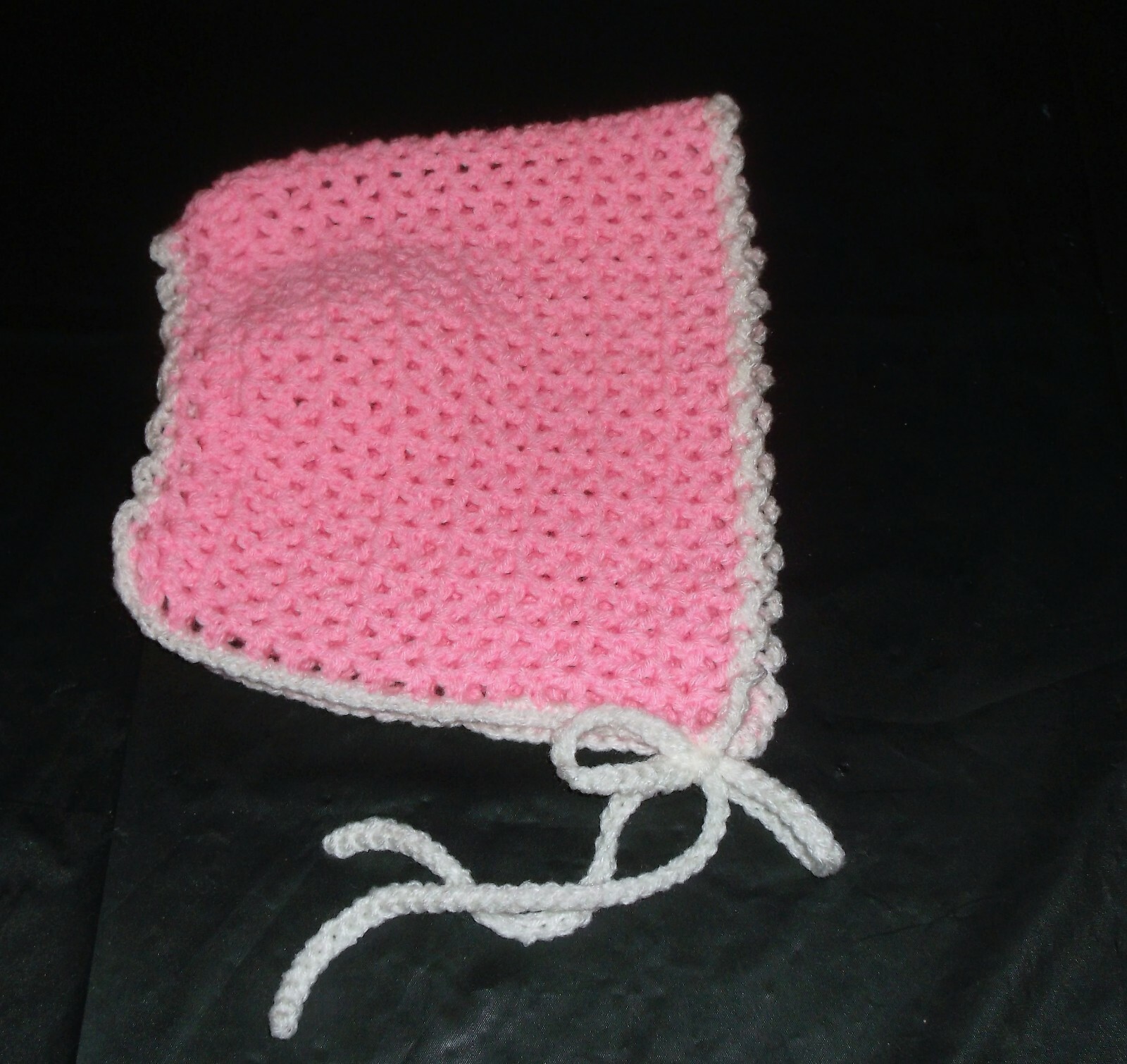 ADULT BABY BONNET ONE SIZE FITS  ALL  BABY PINK WITH WHITE TRIM
