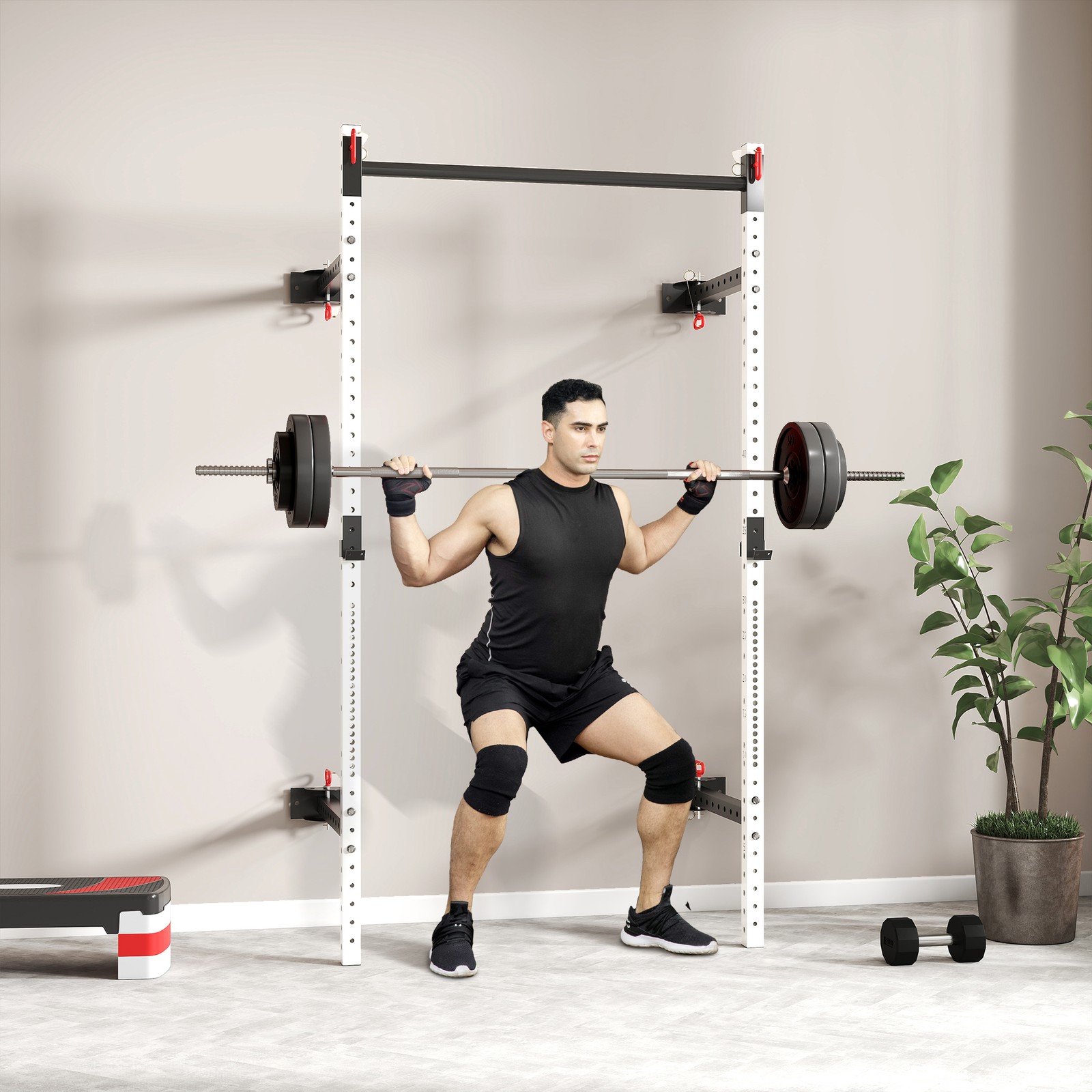 Folding Squat Rack with Pull Up Bar, 1000 Pounds Capacity, White