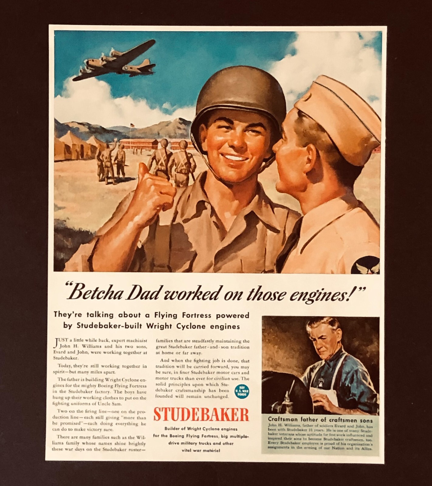 1943 Studebaker WW II Advertisement Flying Fortress Engine Airplane Vtg Print AD