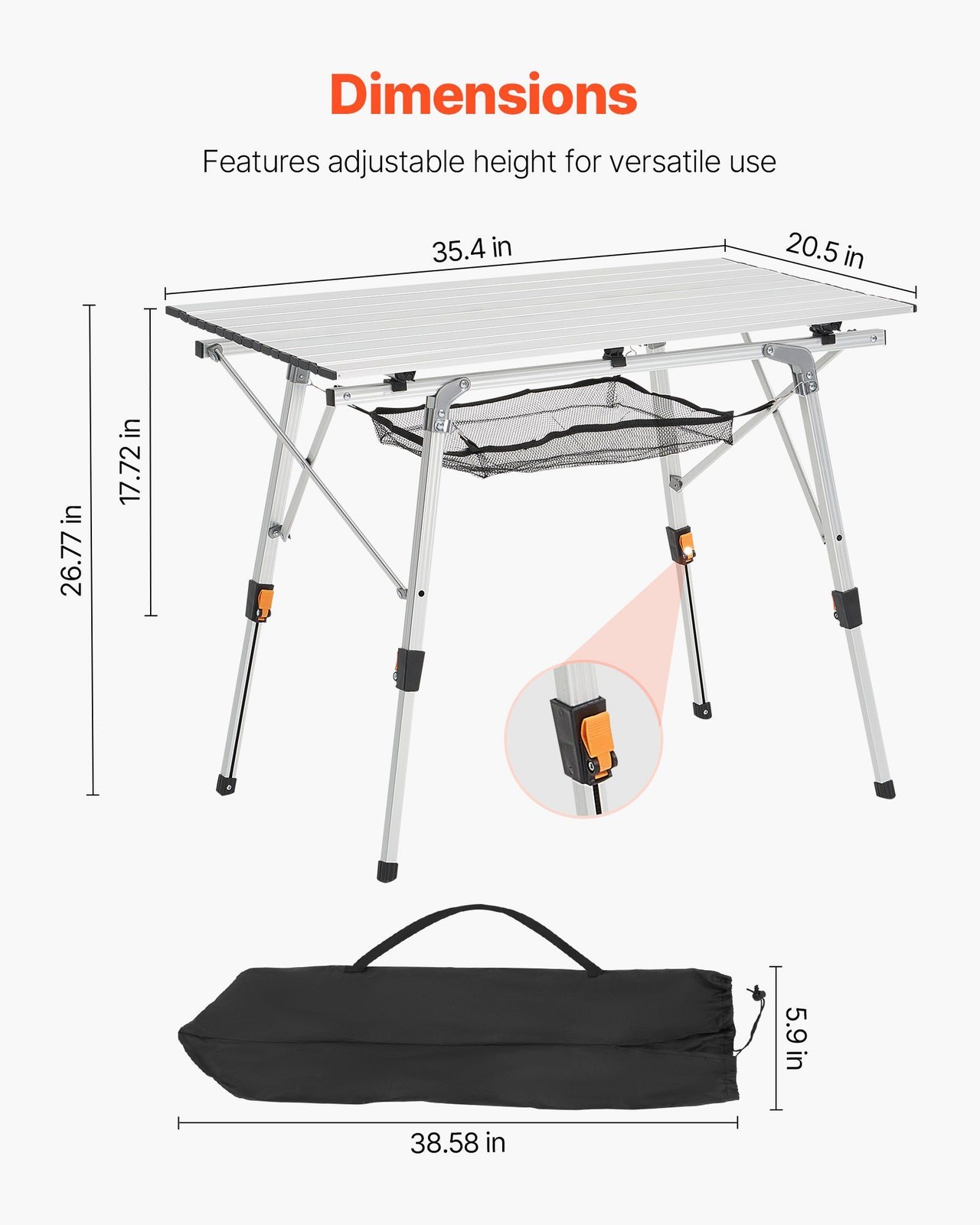 35.4in Roll-Up Portable Table 99lb Weight Capacity Adjustable Steel Frame