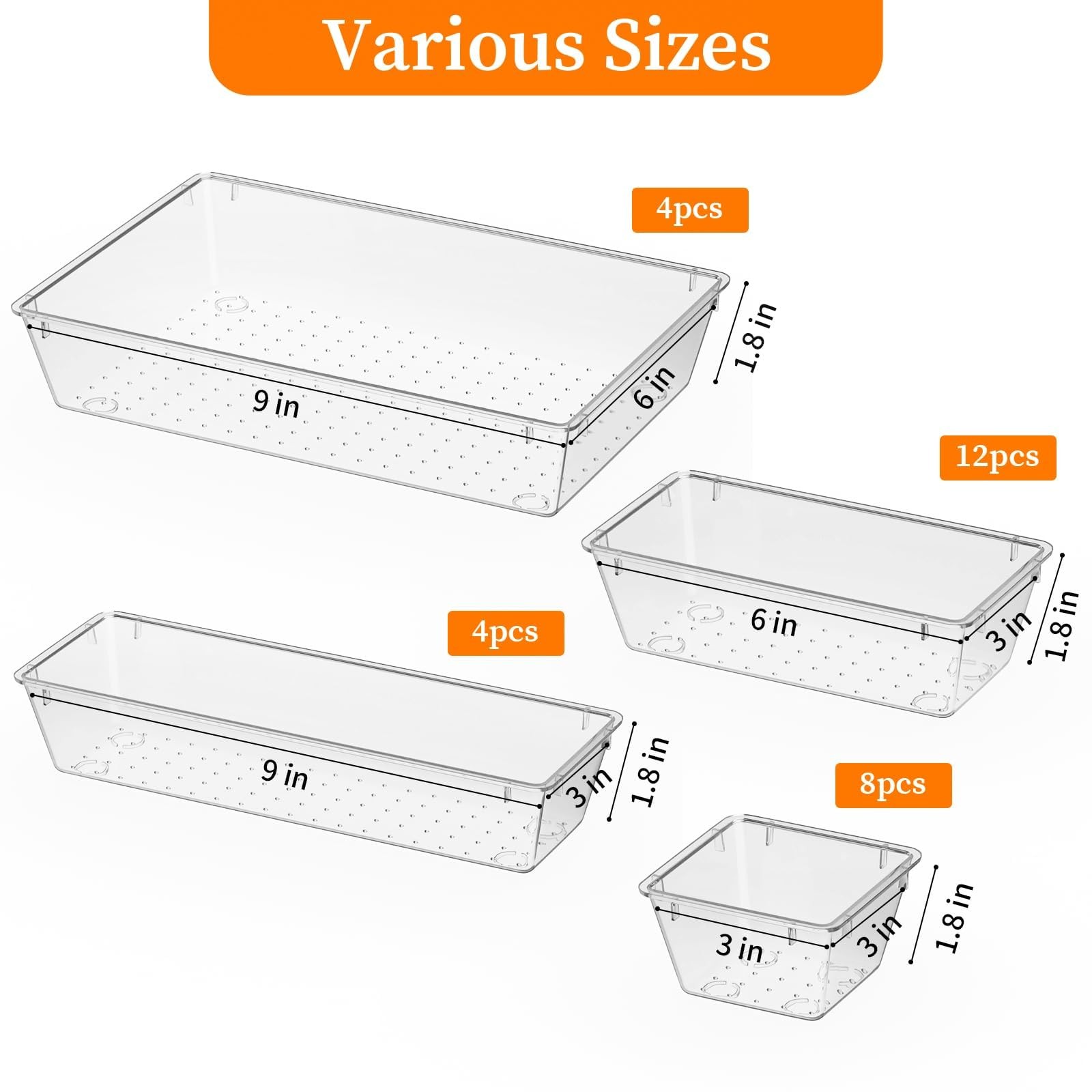 StorMiracle 32 PCS Clear Plastic Drawer Organizer Set, 4-Size vanity