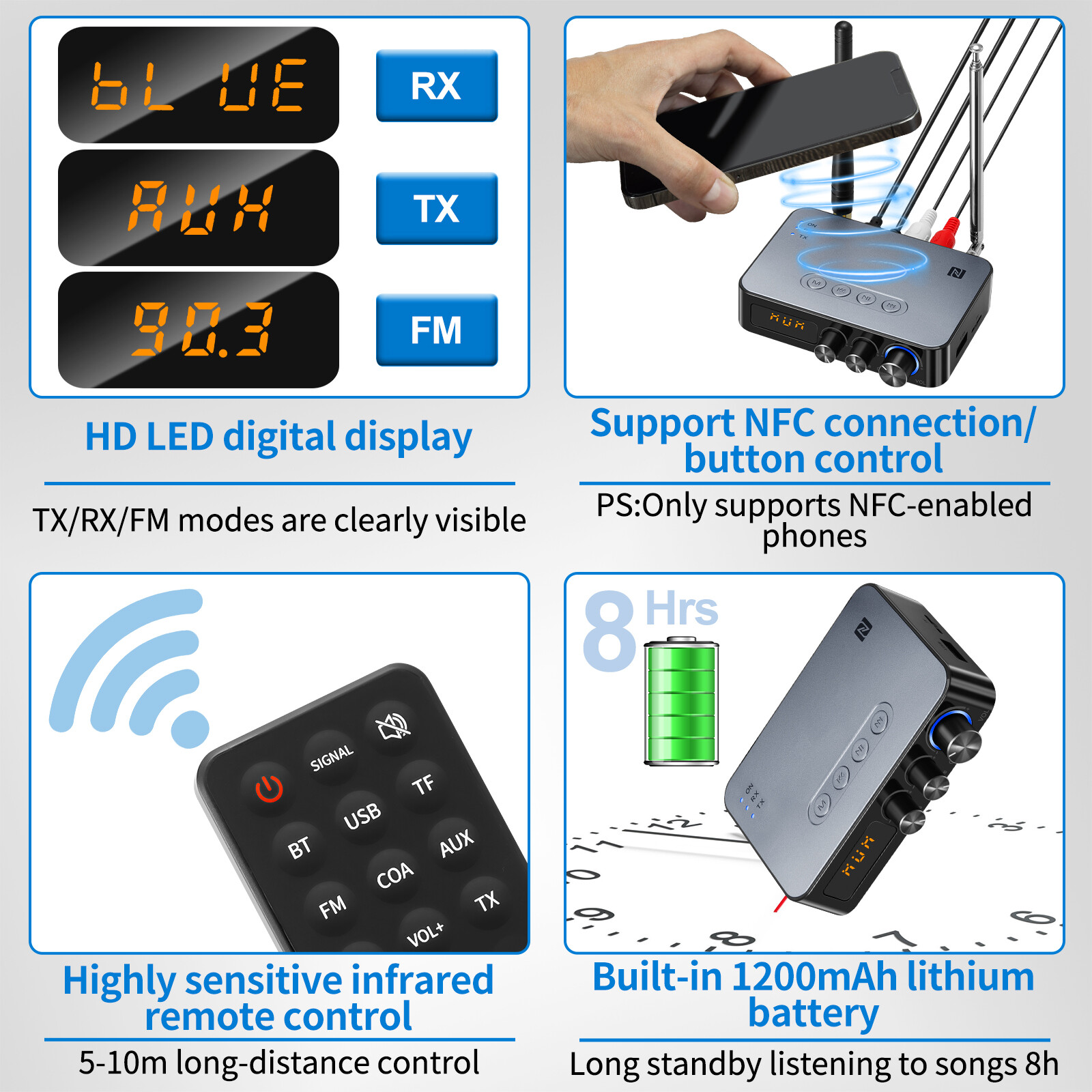 98ft Long Range 5.1 Bluetooth Audio Transmitter Receiver NFC Cordless Adapter