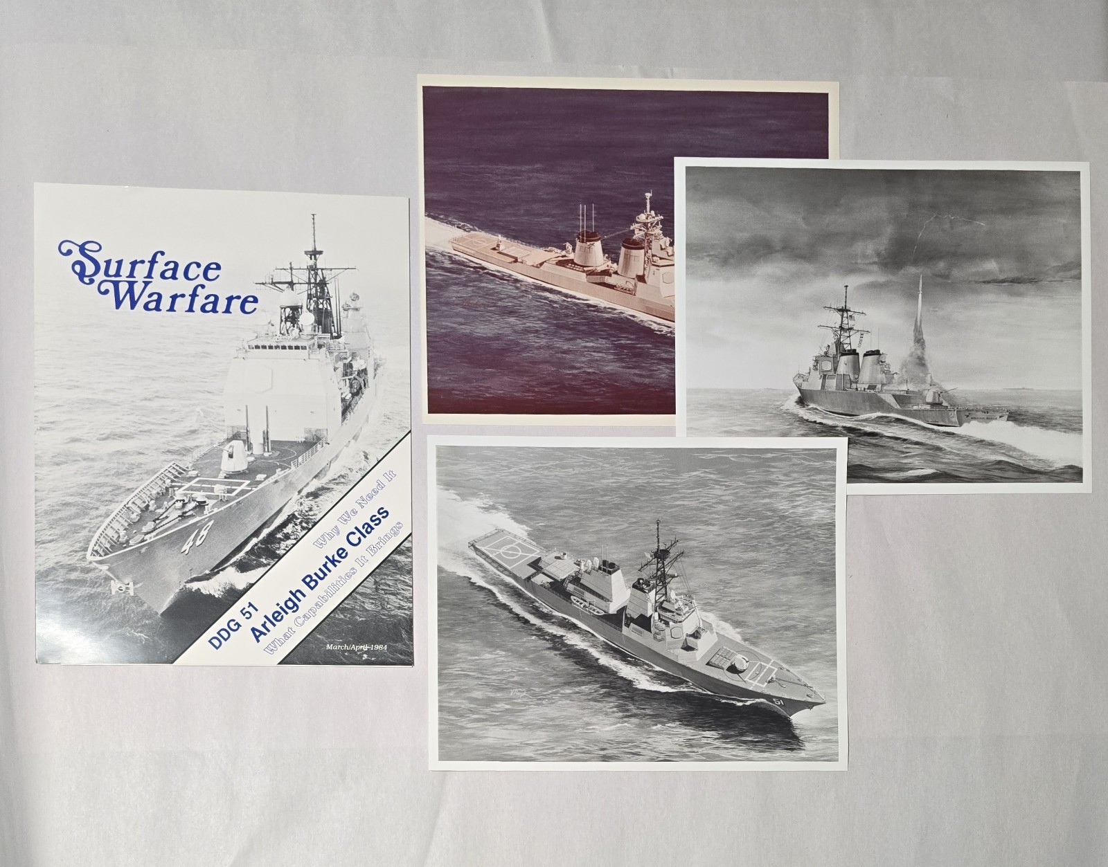 1981/84 U.S. Navy DDG51 Arleigh Burke Destroyer Concept Art Photo Lot + Magazine