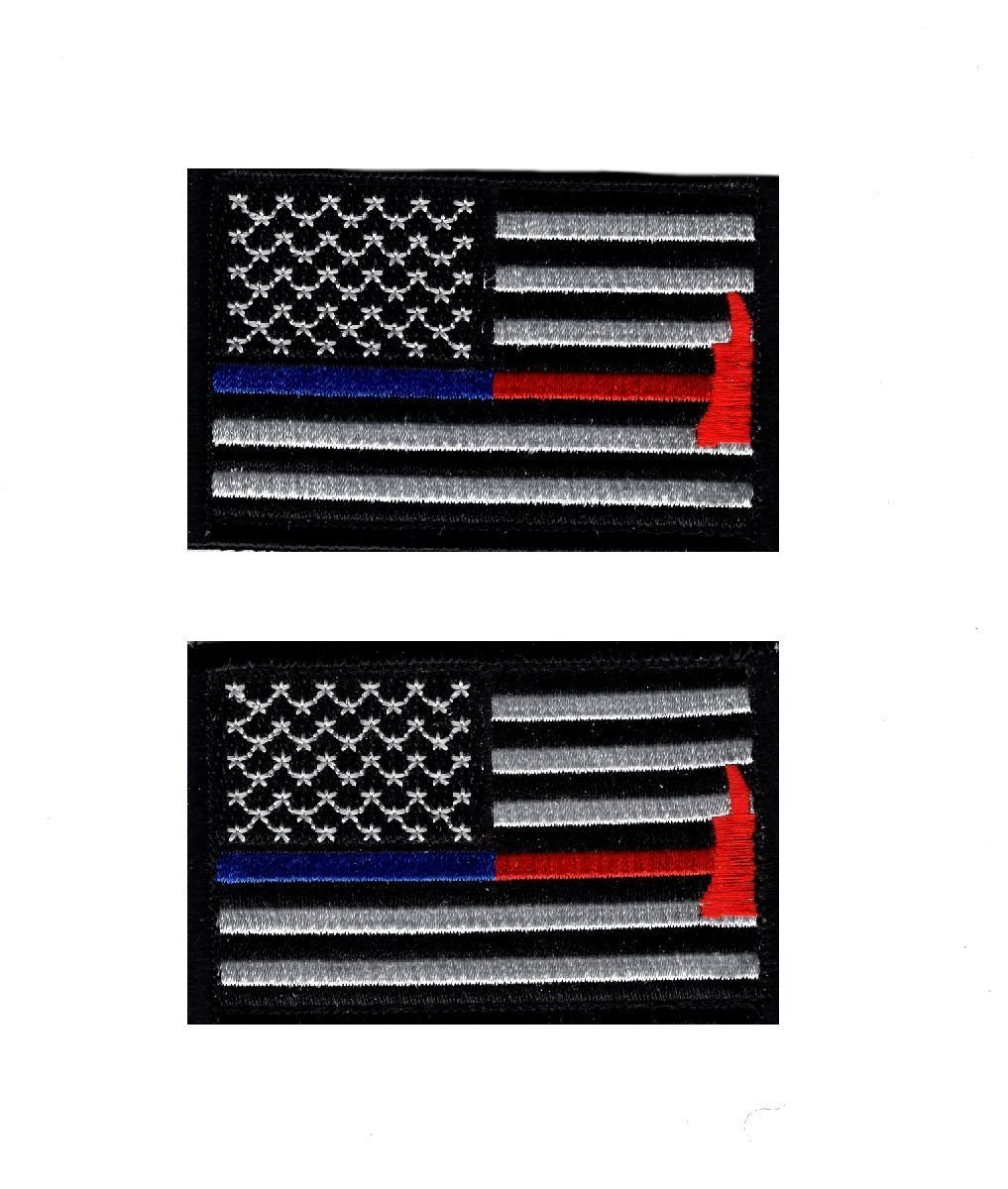Thin Blue and Red Line USA Flag Police Firefighter Hook Patch (2PC-BR1)