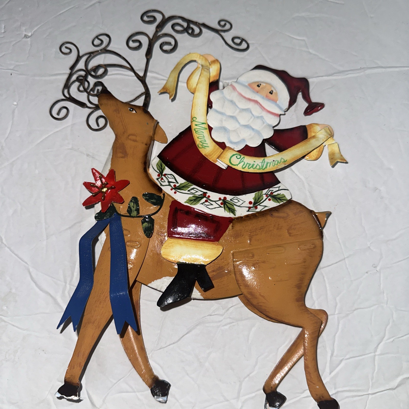 Metal Christmas Red Santa And Brown Reindeer Holiday Wall Decor 8x10