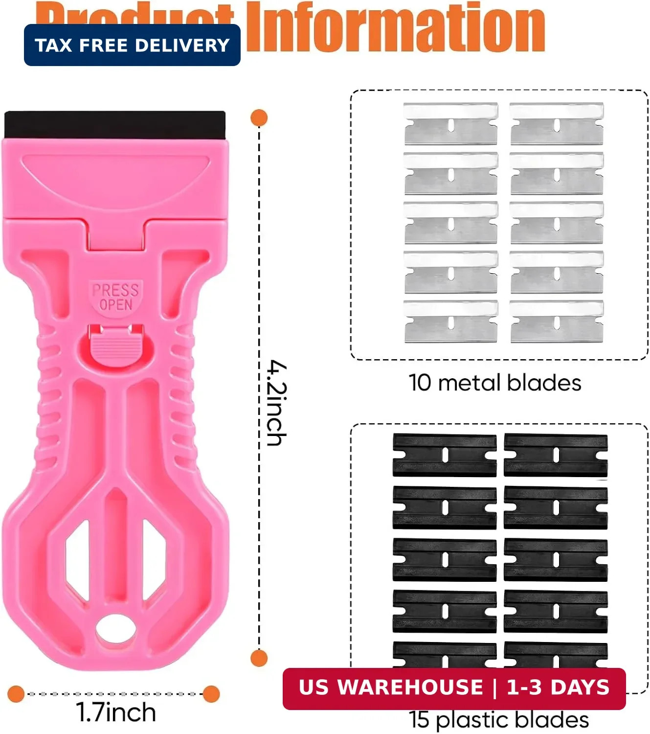 4 Pack Razor Blade Scraper, 25 Blades, Long Handle Scraper Tool (Pink)