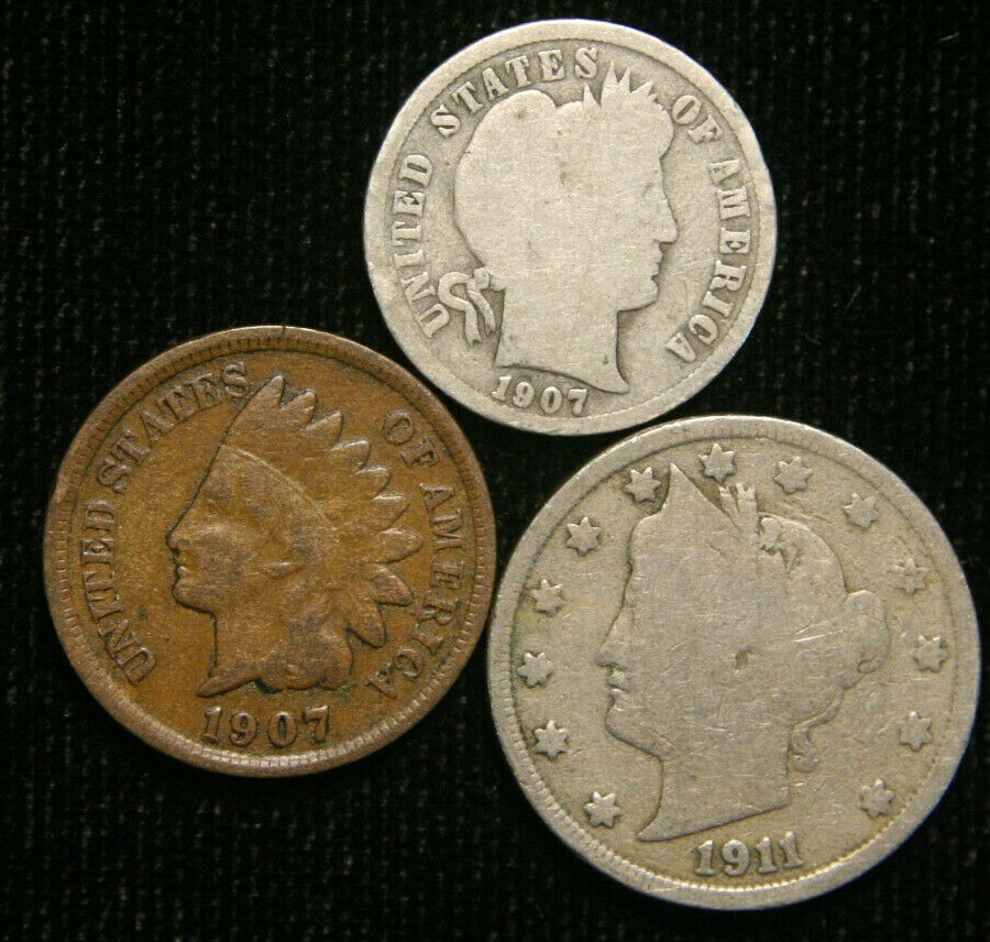 Old US Coin Estate Lot Barber Dime Indian Head Cent Liberty Nickel 3 Coin Set