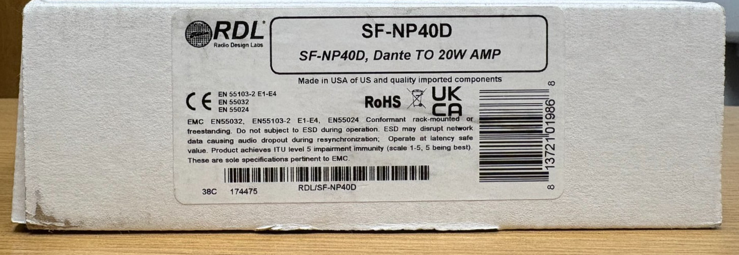 Radio Design Labs Stereo Power Amplifier Dante to 20W AMP (P/N: RDL SF-NP40D)