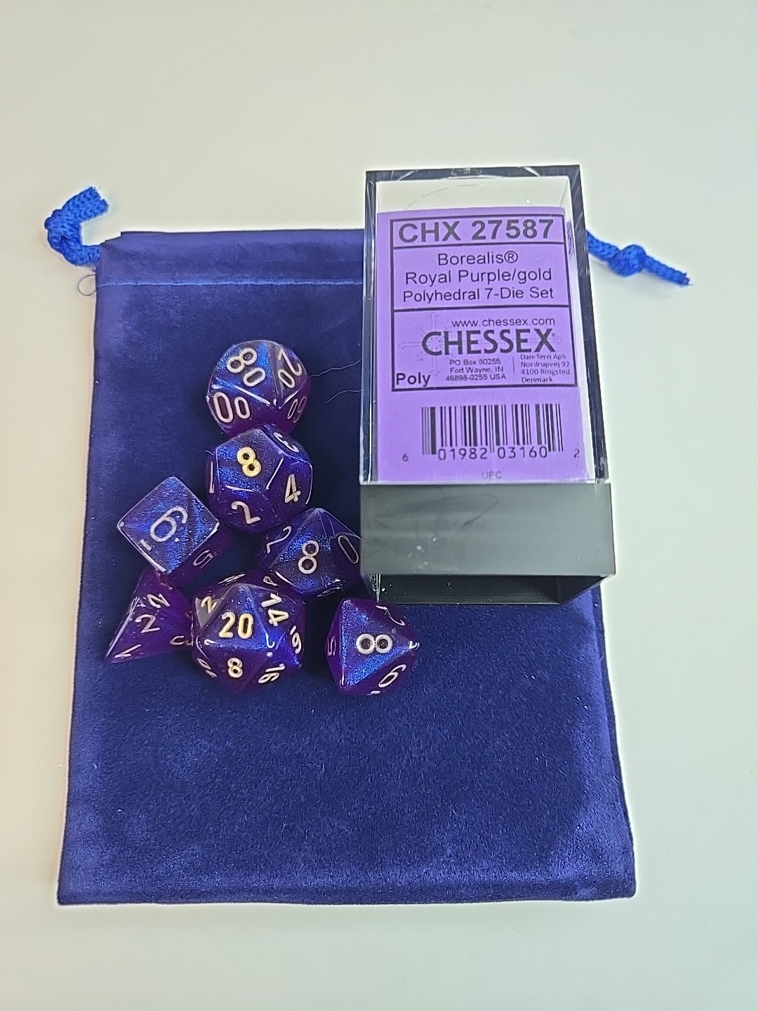 RR | Chessex Borealis Royal Purple Gold Luminary 7-Die Set w/Bag | D&D TTRPG