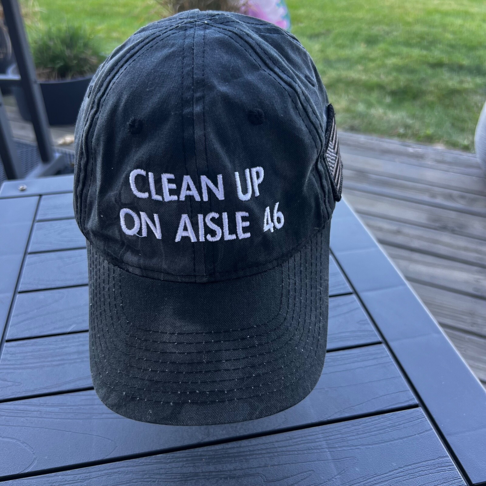 Clean Up on Aisle 46 in White on Dark Gray Camouflage Print Hat Cap Hook LoopEUC
