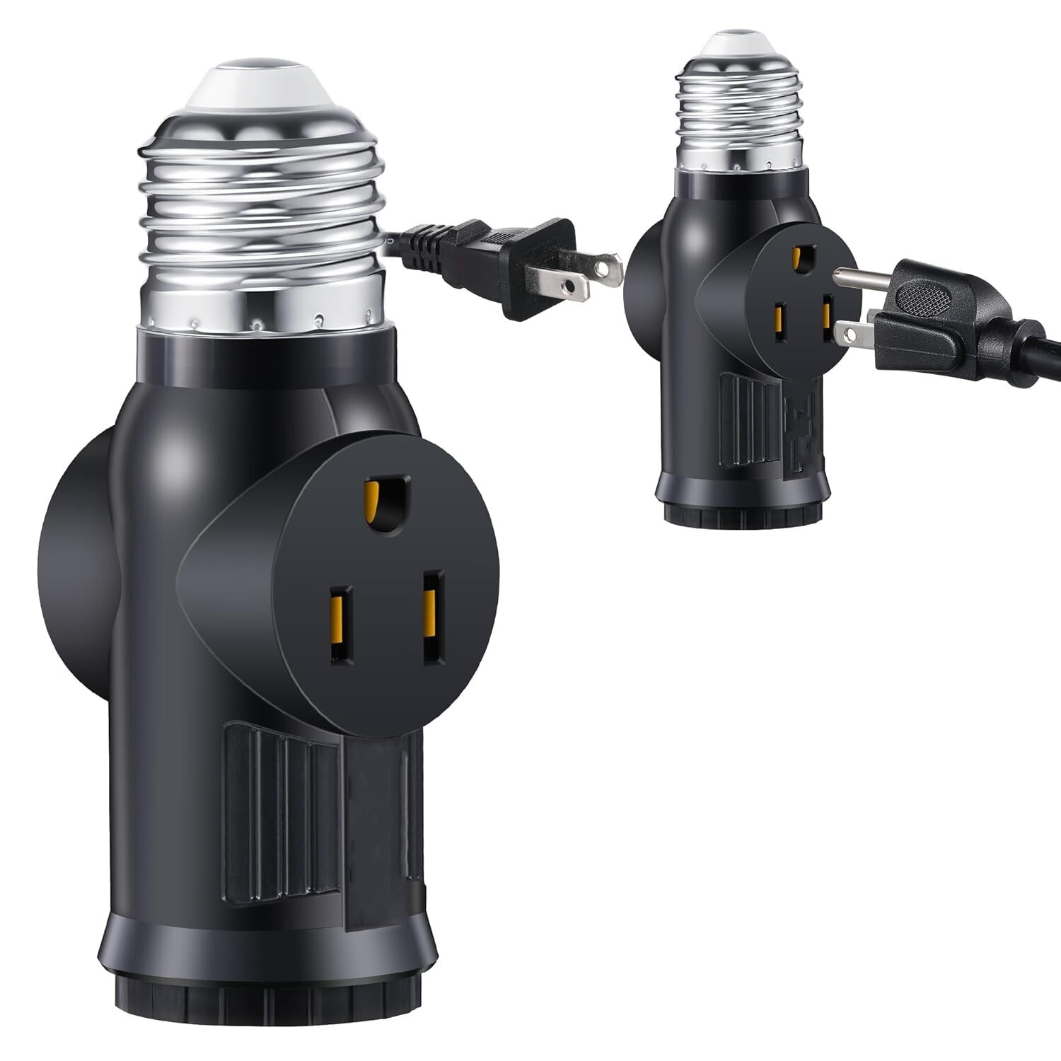 2Pcs Light Bulb Outlet Socket Adapter E26/E27 Lamp Bulb to 2/3 Prong Plug Black