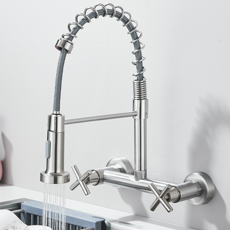 Commercial 8 Inch 2 Handle Wall Mount Kitchen Sink Faucet with Pull Down Sprayer