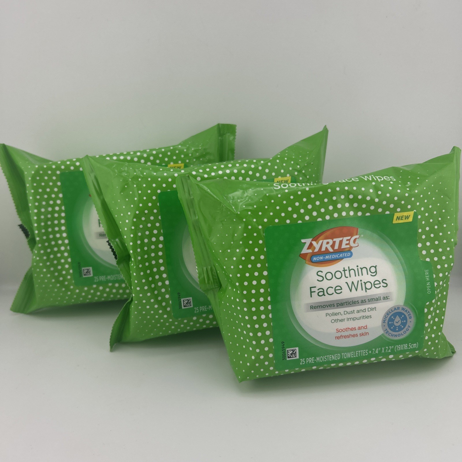 Zyrtec Soothing Non-Medicated Face Wipes 25 Count X3  (75 Total Wipes)
