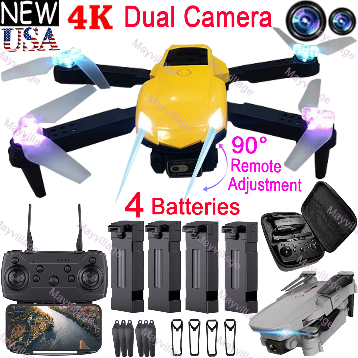 2023 LED RC Drone 4K HD 90° Dual Camera WiFi FPV Foldable Quadcopter + 4 Battery