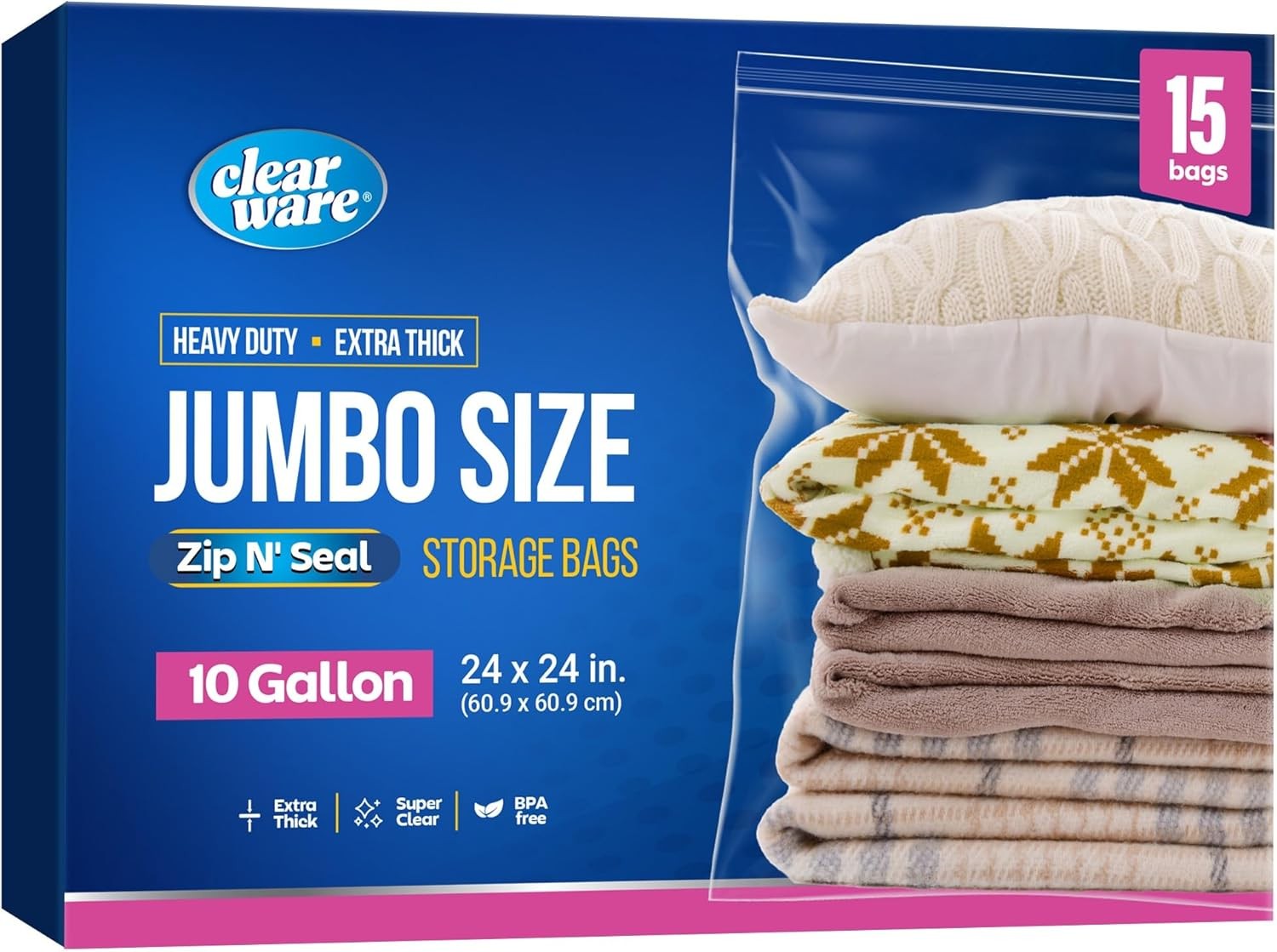 15 Count Large Storage Bags W/ Zipper Top 10 Gallon Size 24" x 24" Extra Large